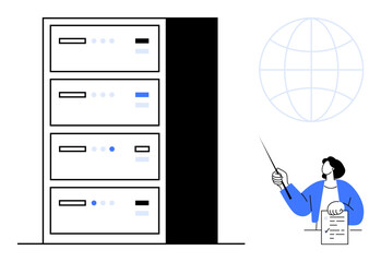 Data server stack representing technological infrastructure with a presenter pointing to global network ideas. Ideal for IT, cloud storage, technology, data analysis, networking, business training