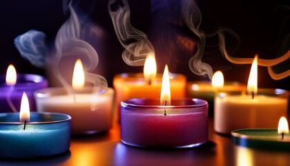 Dramatic Close Up Of Colorful Candles Igniting At Midnight Surrounded By Swirling Smoke And Soft Warm Lighting To Evoke Celebration
