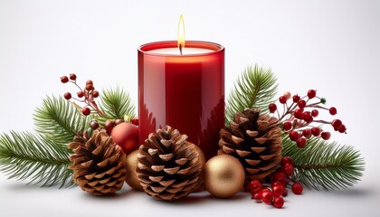 Festive Candle With Pinecone And Bauble Accents Isolated On White Background