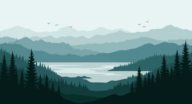 Serene mountain landscape with pine trees, distant lake, and birds flying in the sky.