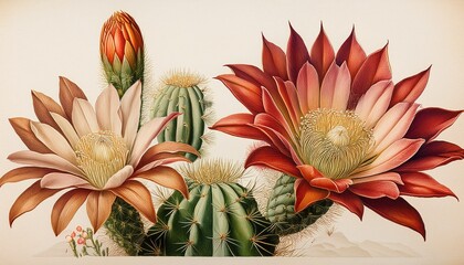 Vintage Botanical Print Detailed Cactus Flowers