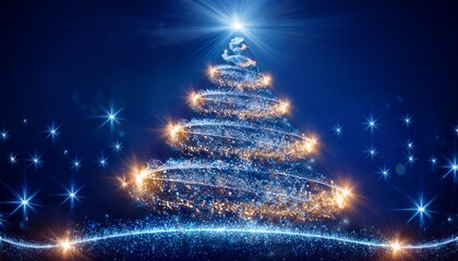 A Festive Digital Illustration Of An Elegant Sparkling Christmas Tree Created From Glowing Lights On A Dark Blue Background