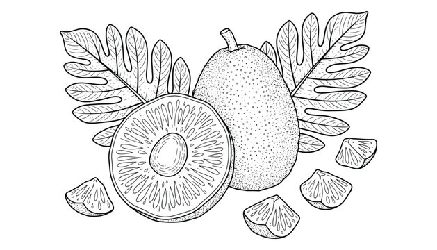 Breadfruit whole and half outline drawing sketch with leaves and wedges on transparent