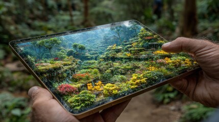 Holding a tablet displaying a vibrant miniature fantasy forest landscape with lush greenery and