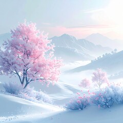 桜&times;雪景色のパステル春風景（ピンクの桜と白い雪原）