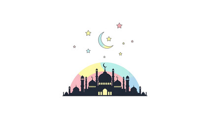 Silhouette of a mosque with crescent moon and stars against a transparent background