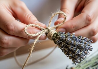 Tying a rustic bow on a bunch of dried lavender flowers for a gift