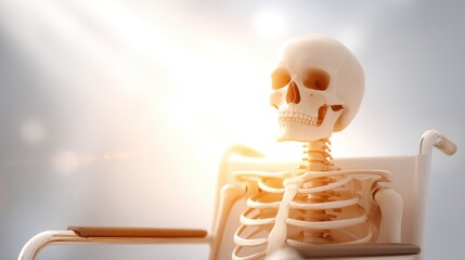 Skeleton model sitting in a chair, illuminated by soft light, showcasing anatomical structure and educational purpose in a serene environment