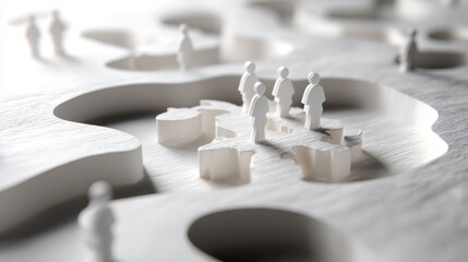 Miniature figures standing on abstract white landscape, exploring unique shapes and textures, representing teamwork and collaboration in a creative environment