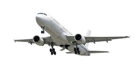 Obraz premium Sleek, modern commercial airplane, transparent and polished metal, ascending with fully deployed landing gear against a transparent studio background. concept of global connectivity and travel