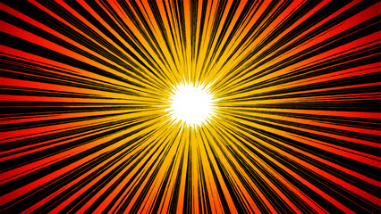 A bright yellow and orange abstract burst background features a radial sunburst pattern with glowing light rays and star explosion lines in a vibrant vector illustration design