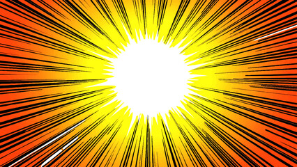 Vibrant abstract sunburst illustration featuring bright yellow and orange rays of sunlight exploding from a summer star to create a hot sunshine beam background design