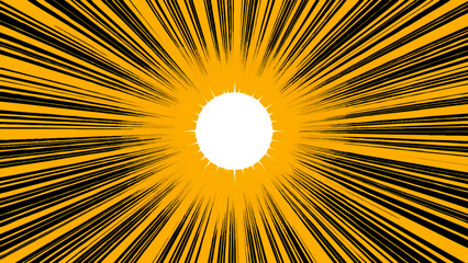 Bright abstract summer vector illustration featuring a yellow and orange sunburst pattern with hot sunbeam rays and energy beams across a sunny sunrise sky design