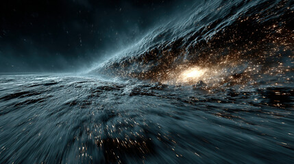 Vast cosmic explosion with bright light and swirling stars in deep space.