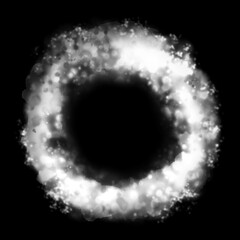 神秘的な発光と飛沫、魔法・宇宙イメージ・のサークル・黒背景に白く輝く粒子が渦巻く幻想的な光のリング