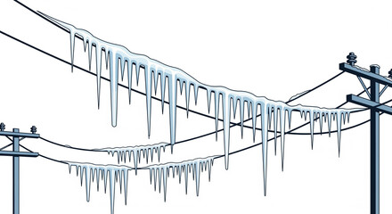 Icicles hanging from power lines and utility poles illustrate the harsh conditions of a winter ice storm, showcasing frozen electrical infrastructure against a clear sky.