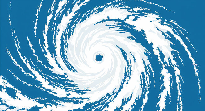 Hurricane: Abstract illustration depicting a powerful tropical cyclone with swirling white cloud formations from an aerial view against a deep blue background.