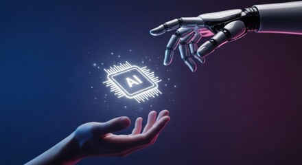Abstract image of a glowing AI chip being transferred between a human hand and a robotic hand, set against a dark background. Depicts artificial intelligence and future tech concepts.