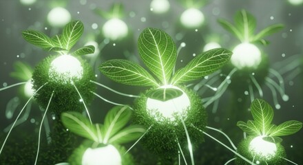 Abstract Glowing Green Plants with Connected Roots and Dotted Light in Dark Background