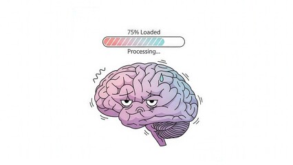 Human Brain with Loading Bar Illustrating Mental Fatigue, Minimal Humor Concept on White Background