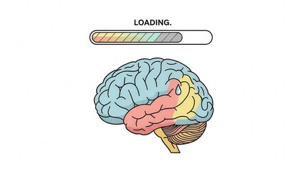 Human Brain with Loading Bar Illustrating Mental Fatigue, Minimal Humor Concept on White Background