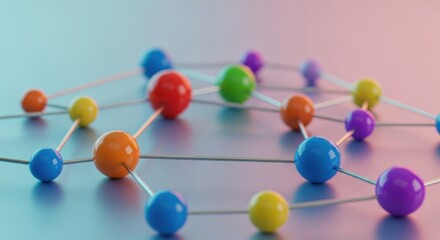 Macro shot of an abstract network featuring colorful spheres connected by wires against a gradient blue and pink background, symbolizing interconnectedness and modern technology.