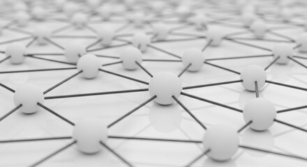 A low angle shot showcases an abstract network structure featuring white spheres interconnected by black lines against a white surface, creating a modern geometric pattern.