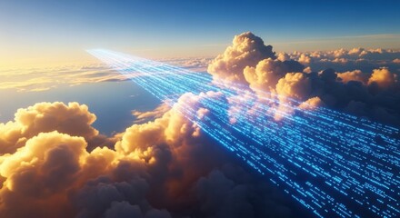 A high-angle view of fluffy clouds illuminated by a warm sunset, intersected by a vibrant blue digital data stream, conveying themes of technology and global connectivity.