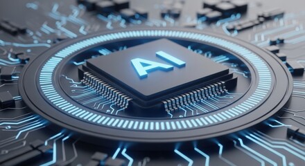 Close-up of an AI microchip with intricate blue circuitry and glowing text, set against a dark backdrop. Represents advanced computer technology and futuristic innovation.