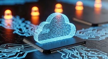 A 3D rendered cloud computing concept featuring a blue, glowing cloud shape on a PCB with circuitry and warm lights in the background, symbolizing technology.