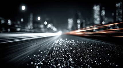 Blurred city lights and streaking traffic trails create a dynamic night scene on a wet road surface