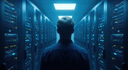 A man viewed from the back stands in a dim data center room, surrounded by rows of dark blue rack servers, representing network and data information systems.