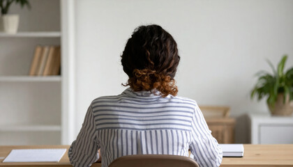 Quiet adult woman sitting at desk from behind working in modern office. focused employee is reviewing business note or document