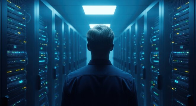 A man viewed from the back stands in a dim data center room, surrounded by rows of dark blue rack servers, representing network and data information systems. - Powered by Adobe