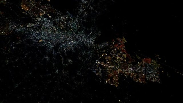 Satellite view of city night lights, animated aerial footage from space based on NASA imagery
