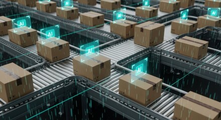 High angle perspective showing multiple cardboard boxes moving along conveyor belts, overlaid with glowing blue digital elements, illustrating modern shipping and logistics.