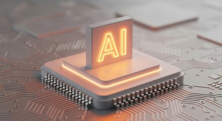 Close up of a central processing unit with glowing ai text sitting on a chip in a geometric circuit board detailed background, high angle shot.