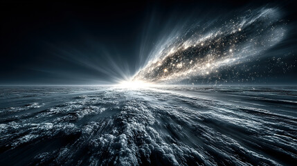 Cosmic explosion with a bright light and star-like particles over clouds in space.