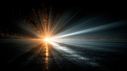 radiant light burst with beams extending over a reflective dark surface