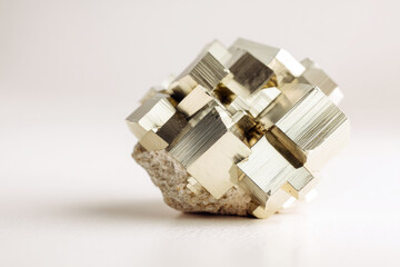 Pyrite crystal cluster displays metallic luster and geometric cubic shapes on neutral background creating striking mineral specimen for geology or collection
