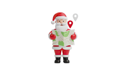 Santa Claus holding a map with location pins