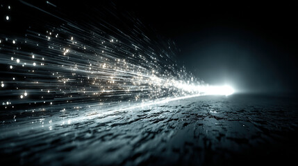 Bright light streaks over a dark, textured surface resembling space or a planet's surface.