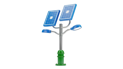 Solar-powered street lamp with two blue panels and two lights