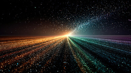 Vibrant cosmic scene with multicolored light streaks converging at horizon.