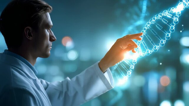 A scientist in a white lab coat interacts with a glowing digital DNA strand in a futuristic laboratory environment. The scene represents innovation in genetics and biotechnology