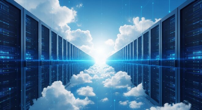 Servers in cloud storage with bright light, data computing and fluffy clouds, a digital and abstract cloud computing background, network for digital information. - Powered by Adobe
