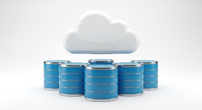 Conceptual illustration showcasing a database array connected to cloud computing, featuring blue and gray servers under a cloud icon on a white background in 3D render.