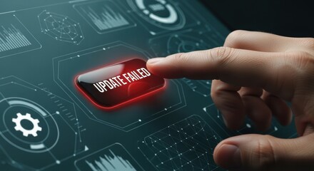Close up of a finger pressing a red 'Update Failed' button on a digital display with technology data graphics and shapes in the background.