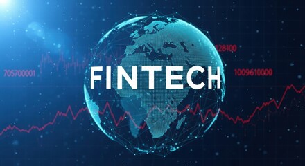Fintech on a globe is displayed with glowing red graph lines and digital numbers, set against a blue background, represents a digital financial technology concept.