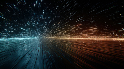 Abstract digital streaks with glowing particles converging into a vanishing point.
